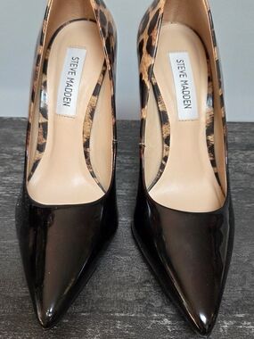 NEW! No box Steve Madden Zoey Black Patent Pointed Pumps with Leopard Accent